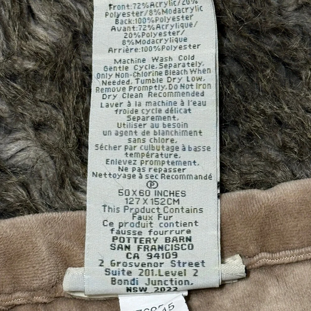 Pottery Barn Shaggy Faux Fur Throw Blanket Taupe Gray 50x58 Plush Reversible